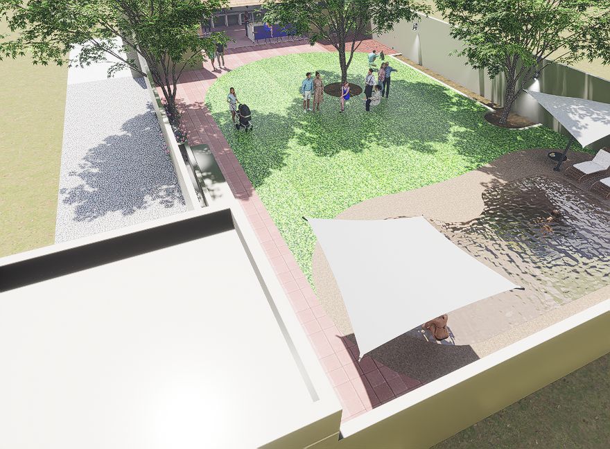Render del local para fiestas Patio Azul con su jardín y alberca, en La Paz, BCS