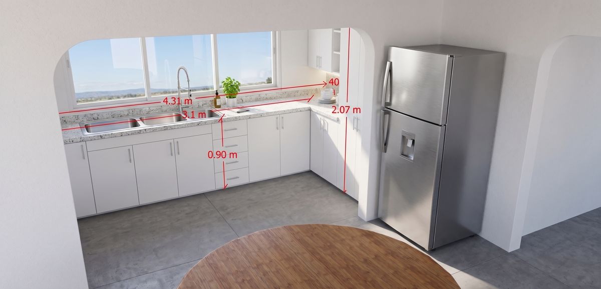 Render con medidas de una cocina remodelada en La Paz, BCS, con piso gris claro y cocina integral blanca